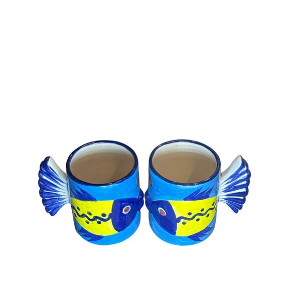 Hand-Painted Mexican Ceramic Fish Mug Set Blue & Yellow Artisan-Made Unique Tail - Picture 7 of 8